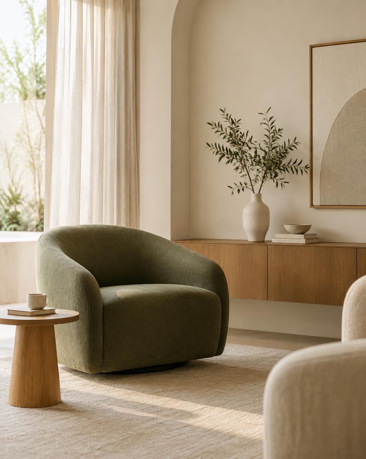 Consultório contemporâneo com poltrona verde oliva e luz natural